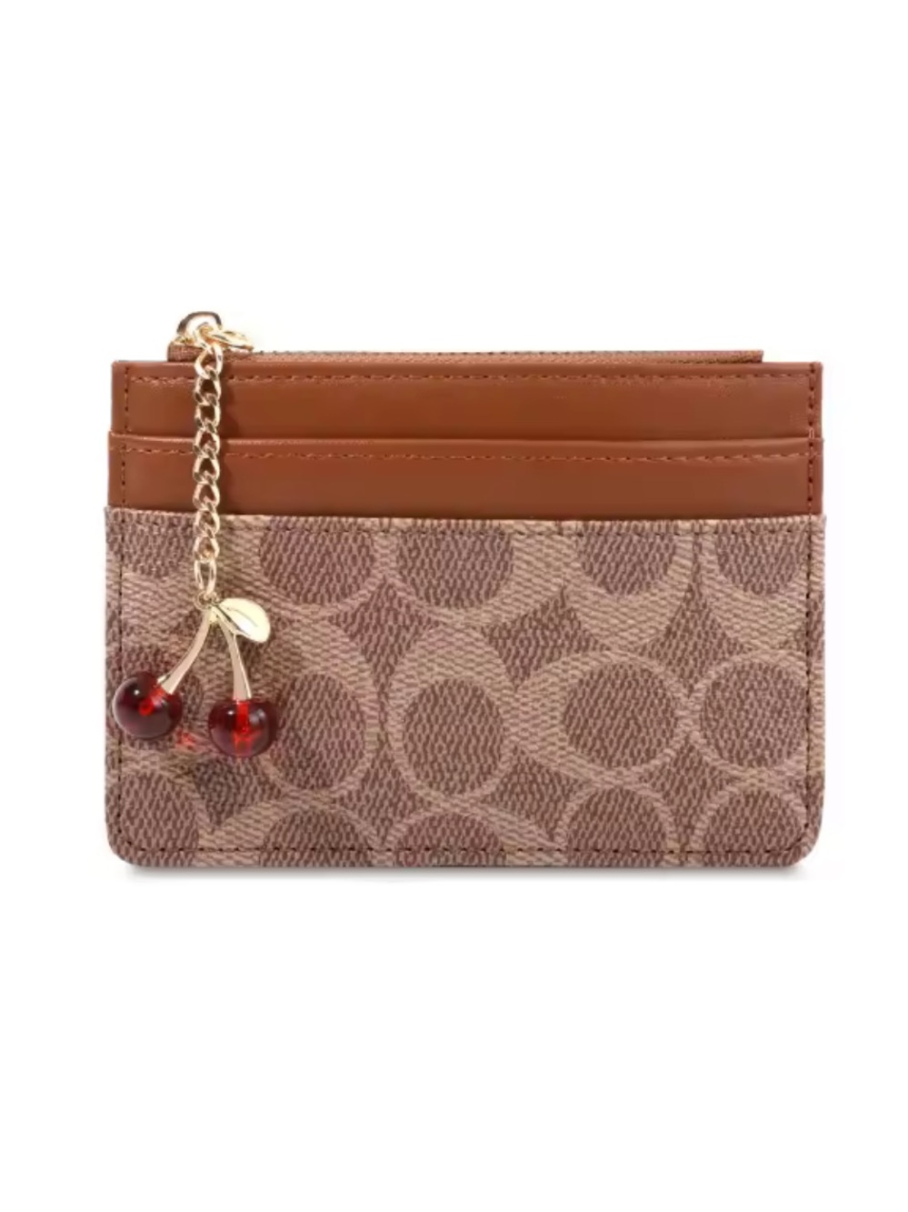 New Signature Jacquard Card Case with Cherry Charm - Brown